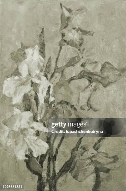 illustration oil painting  impressionism landscape blooming irises - oil painting flowers stock illustrations