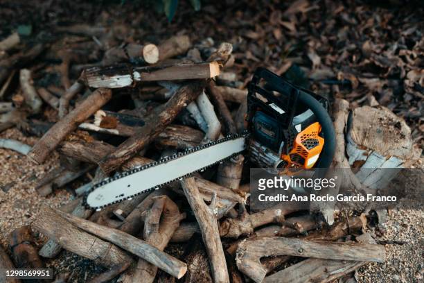 a chainsaw over a mount of firewood - motorsåg bildbanksfoton och bilder