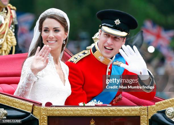 Catherine, Duchess of Cambridge and Prince William, Duke of Cambridge travel down The Mall, on route to Buckingham Palace, in the 1902 State Landau...