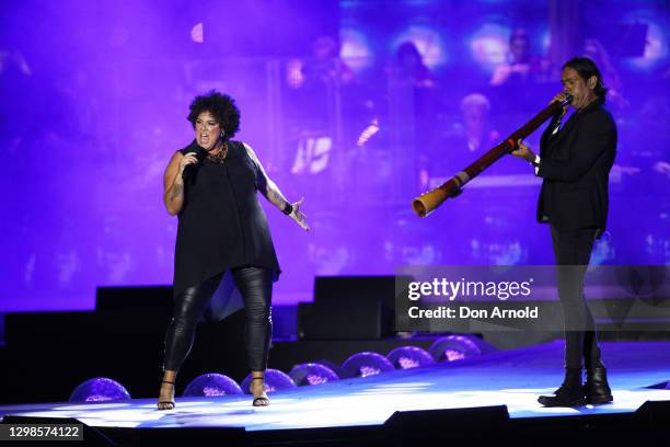 Casey Donovan and William Barton perform live during Australia Day Live 2021 at Sydney Opera House on January 26, 2021 in Sydney, Australia.