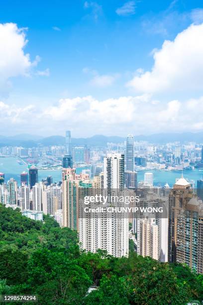 city aerial, skyline with skyscraper buildings, hong kong - hong kong skyline drone stock pictures, royalty-free photos & images