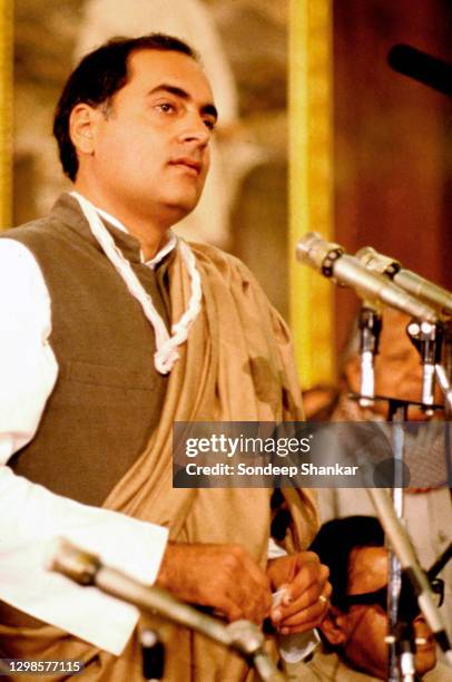 Indian Prime Minister Rajiv Gandhi addressing the Congress Parliamentary Party in the Central Hall of Parliament after he was chosen the leader of...