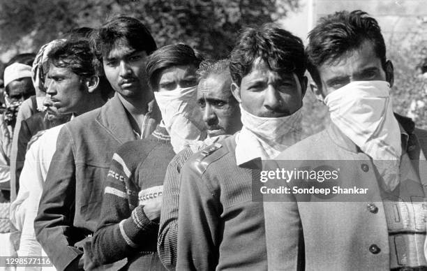 People queue up outside Hameedia Hospital in Bhopal for treatment on December 04, 1984. Immediate death toll of 2259 and thousands with severe and...