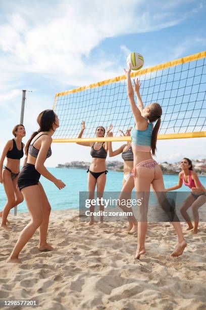 group of young friends playing beach volleyball - beach volleyball team stock pictures, royalty-free photos & images