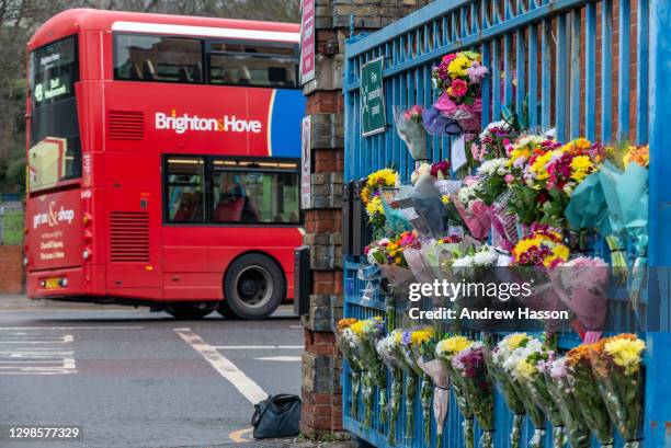 Tributes are left on the railings of Lewes Road Bus Garage in memory of bus driver Christopher Turnham who died of COVID-19 last Wednesday at the age...