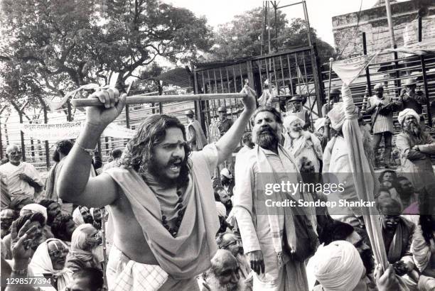 Hindu fundamentalists chant slogans demanding demolition of Babri Masjid in Ayodhya on December 06 shortly before the Babri Masjid Structure was...