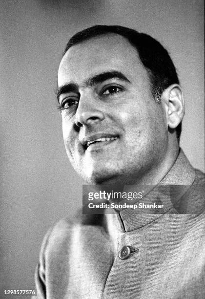 Prime Minister Rajiv Gandhi during a meeting in his office in New Delhi.