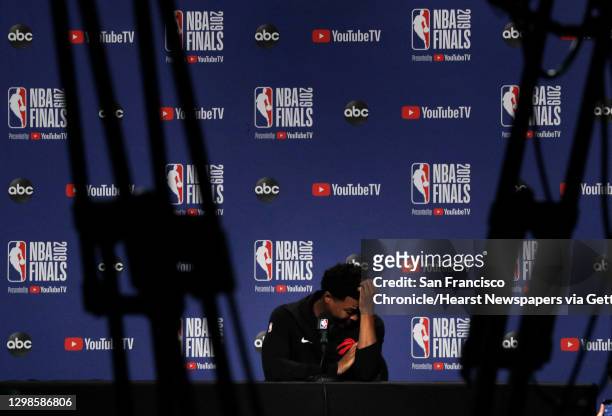 Kyle Lowry answers questions from the press as the Golden State Warriors and Toronto Raptors practiced before Game 5 of the 2019 NBA Finals at...