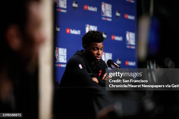 Kyle Lowry pauses before he answers questions from the press as the Golden State Warriors and Toronto Raptors practiced before Game 5 of the 2019 NBA...