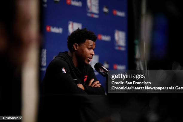 Kyle Lowry answers questions from the press as the Golden State Warriors and Toronto Raptors practiced before Game 5 of the 2019 NBA Finals at...