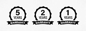 5, 2 and 1 years and lifetime warranty label icon. Vector on isolated transparent background. EPS 10