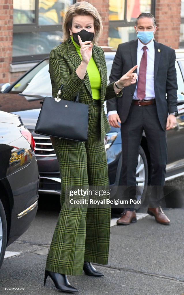 Queen Mathilde Of Belgium Visits The Toboggan Facility For Girls Placed and The Marsipulama center In Mons