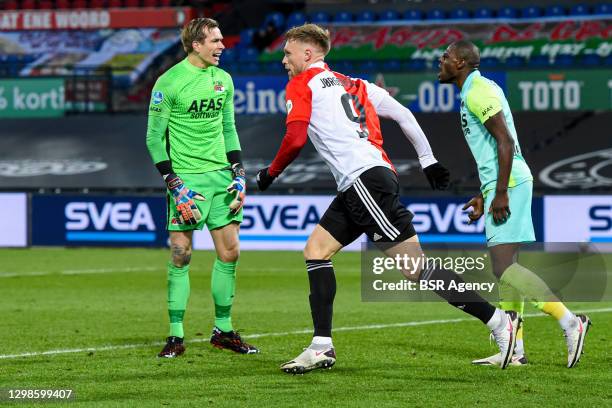 Bruno Martins Indi of AZ disappointed after goal, Nicolai Jorgensen of Feyenoord celebrating the first goal of his team during the Dutch Eredivisie...