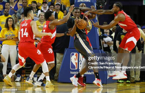 Golden State Warriors Kevon Looney grabs a rebound in the second quarter during game 6 of the NBA Finals between the Golden State Warriors and the...