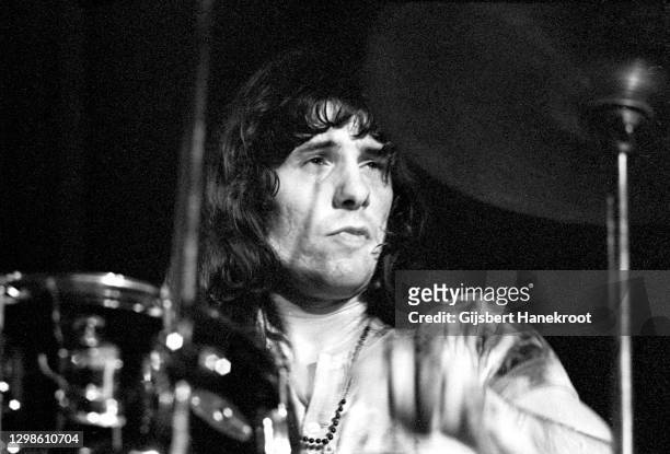 Drummer Aynsley Dunbar during a concert with Frank Zappa's Mothers of Invention, Concertgebouw, Amsterdam, Netherlands, 1970.