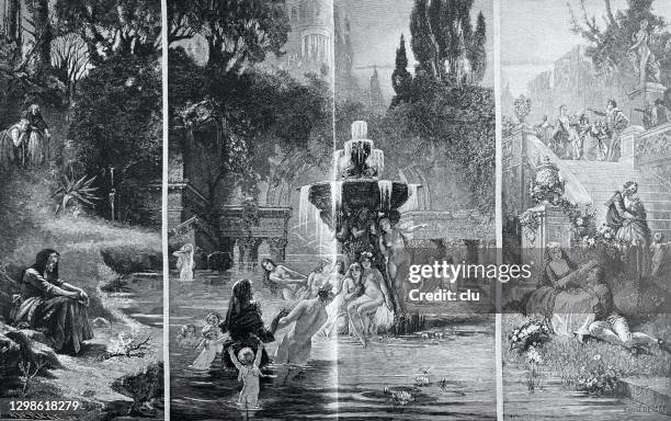 stockillustraties, clipart, cartoons en iconen met een droom: dompel jezelf onder in de fontein van de jeugd - fountain