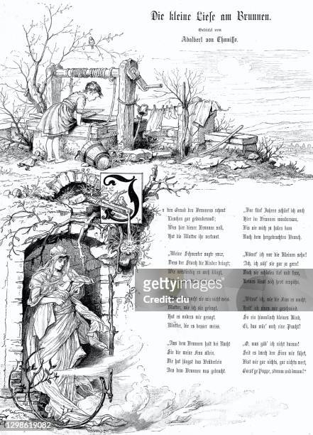 the little girl at the well, german poem - literature stock illustrations