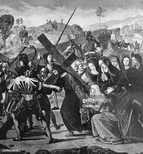 bildbanksillustrationer, clip art samt tecknat material och ikoner med jesus med korset på väg till golgotha - religiös illustration