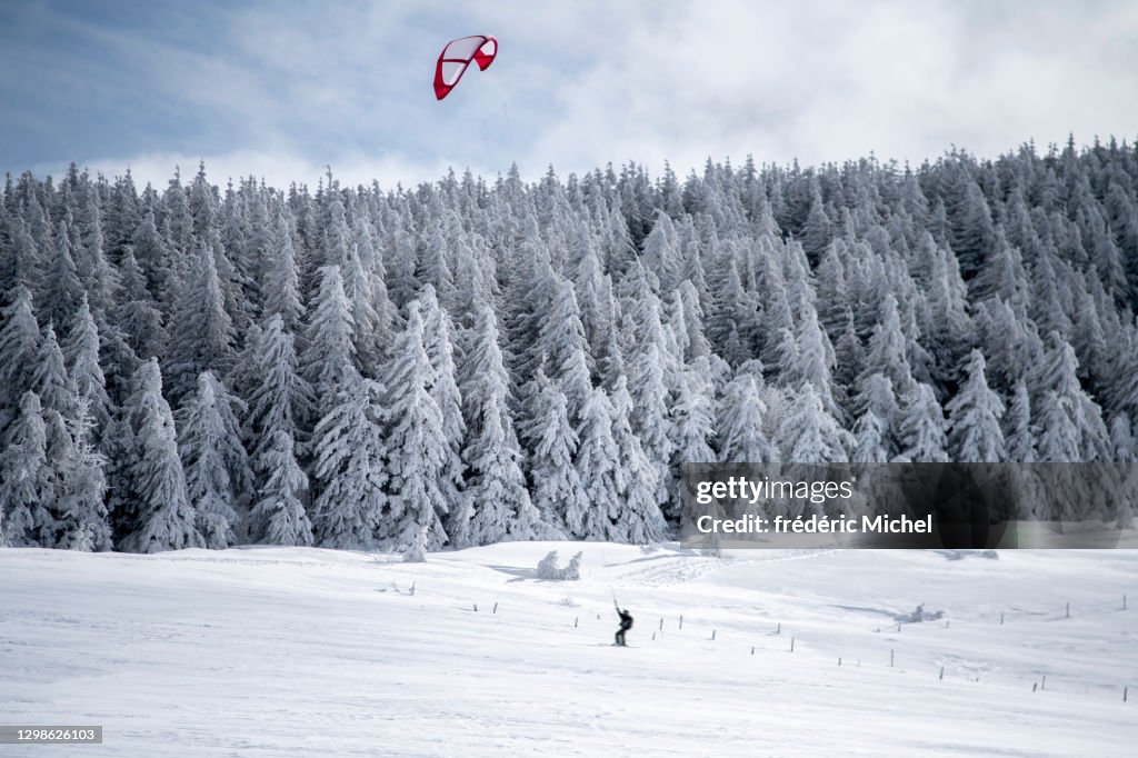 Evolution of a snowkite in front of a snowy forest