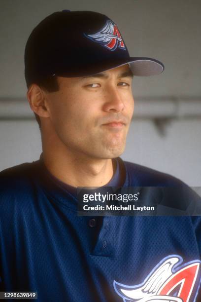 Shigetoshi Hasegawa of the Anaheim Angels looks on before a baseball game against the New York Yankees on July 23, 1997 at Yankee Stadium in New York...