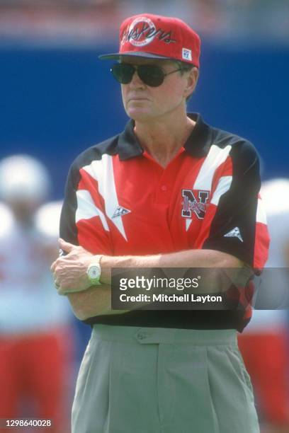 Head coach Tom Osborne of the Nebraska Cornhuskers looks on before a college football game against the West Virginia Mountaineers on August 31, 1994...