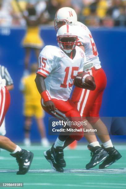 Tommy Frazier of the Nebraska Cornhuskers looks to throw a pass during a college football game against the West Virginia Mountaineers on August 31,...