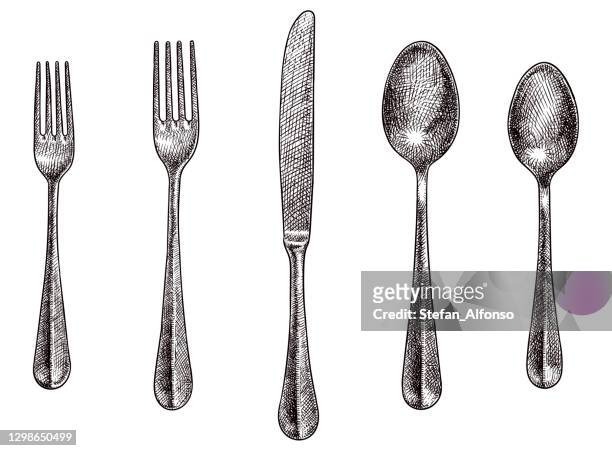 cutlery set vector drawings - fork stock illustrations
