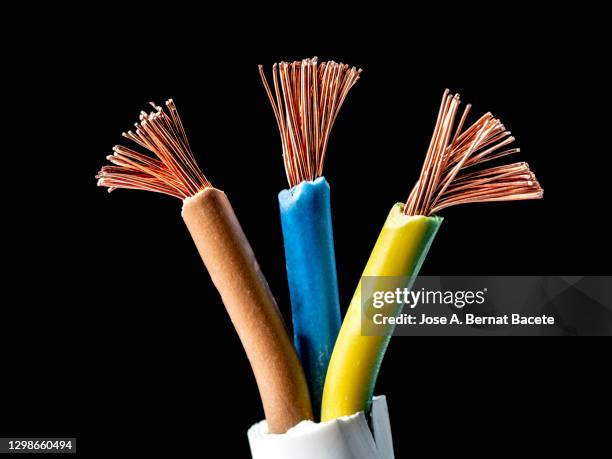 stripped copper electrical power cables wire on black background. - kabel bildbanksfoton och bilder