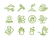 Set of icons. Growing seedlings plant. Agriculture and gardener. Biotechnology plants. Sowing seeds. Vector contour green line.