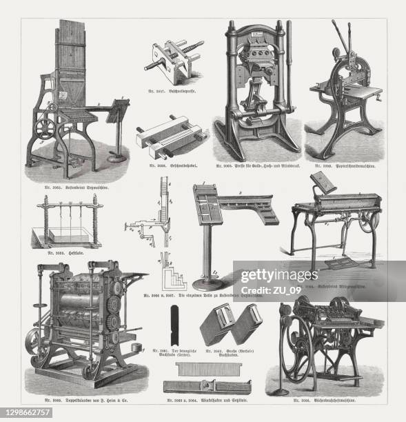 printing equipment in the 19th century, wood engravings, published 1893 - typesetter stock illustrations