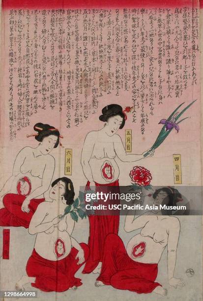 Fubo no Ono Shirizu Woodblock Triptych illustrating ten months of Pregnancy, Japan, 19th Century, paper;ink, 1975.47.1ABC.