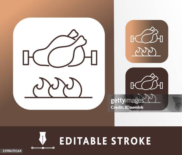 kitchen and cooking rotisserie chicken thin line icon - editable stroke - rotisserie stock illustrations