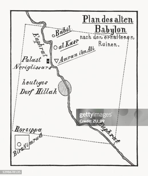 plan of ancient babylon, wood engraving, published in 1893 - euphrates river map stock illustrations