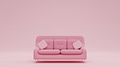 3D Rendering Fashionable comfortable stylish pink fabric sofa with white legs on pink background Pink interior, showroom, single piece of furniture. Luxury couch front view
