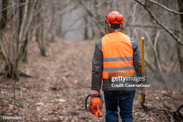 lumberjack heading into forest with axe and chainsaw - lumberjack stock pictures, royalty-free photos & images