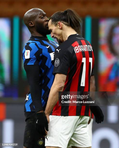 Romelu Lukaku of FC Internazionale clashes with Zlatan Ibrahimovic of AC Milan during the Coppa Italia match between FC Internazionale and AC Milan...