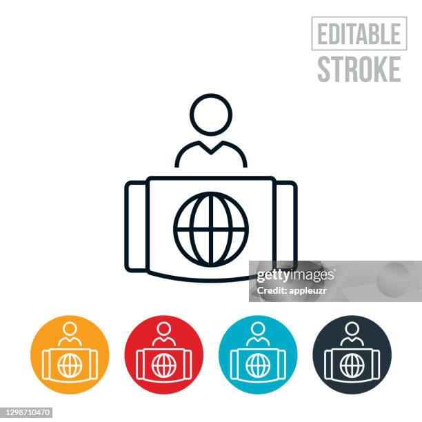 news anchor at desk thin line icon - editable stroke - presenter studio stock illustrations