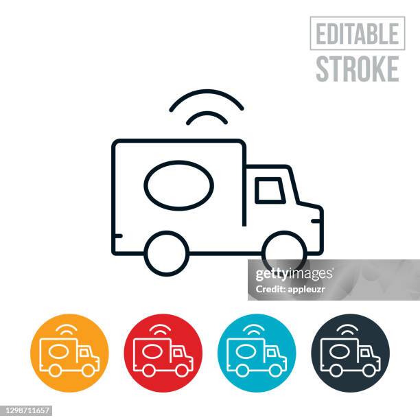 commercial truck with gps thin line icon - editable stroke - self driving truck stock illustrations