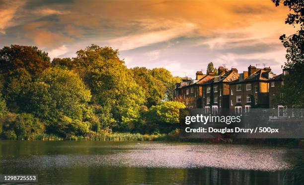 scenic view of lake by buildings against sky during sunset,hampstead heath,london,united kingdom,uk - ハムステッド ストックフォトと画像