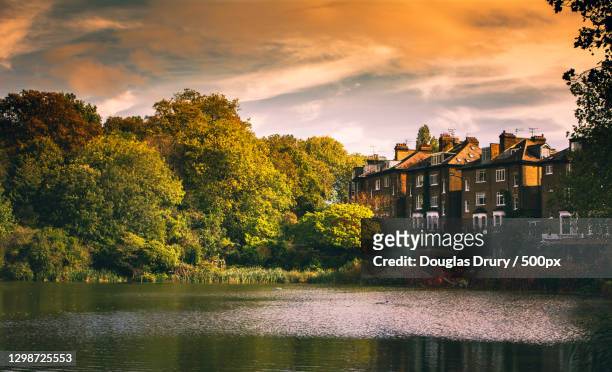 scenic view of lake by buildings against sky during sunset,hampstead heath,london,united kingdom,uk - hampstead heath - fotografias e filmes do acervo