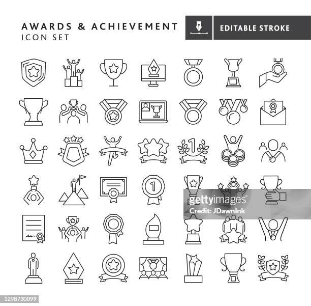 illustrazioni stock, clip art, cartoni animati e icone di tendenza di premi trofei e vittoria a loro volta grande linea sottile icon set - tratto modificabile - maestosità