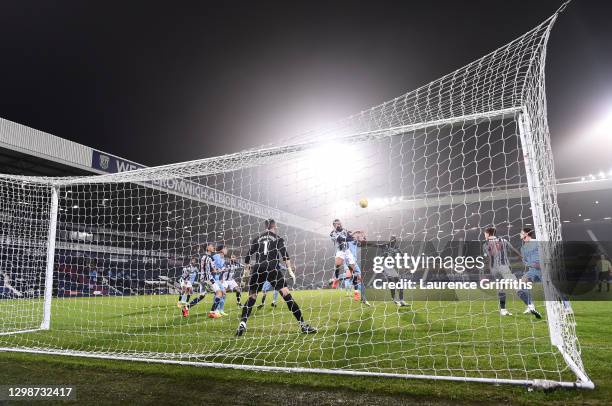 General view as Kyle Bartley of West Bromwich Albion heads clear during the Premier League match between West Bromwich Albion and Manchester City at...