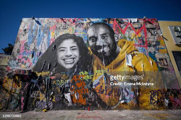 Mural depicting Kobe Bryant and his daughter Gianna by artist Mr Brainwash is seen in Los Angeles. January 26th marks the one year anniversary of the...