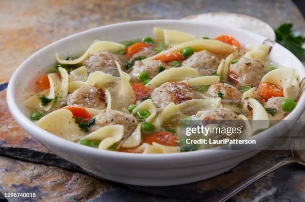 turkey meatball noodle soup - green pea soup stock pictures, royalty-free photos & images