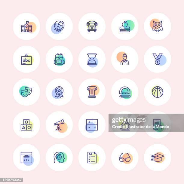 school education thin line icons - elementary school student on computer stock illustrations