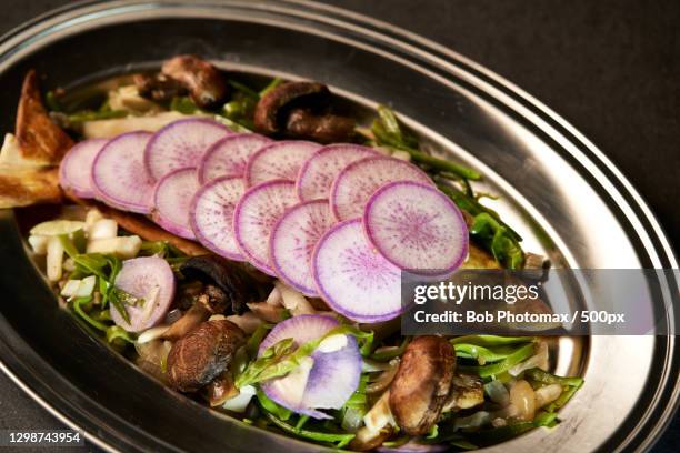 high angle view of food in plate on table,toulouse,france - fraicheur stock pictures, royalty-free photos & images