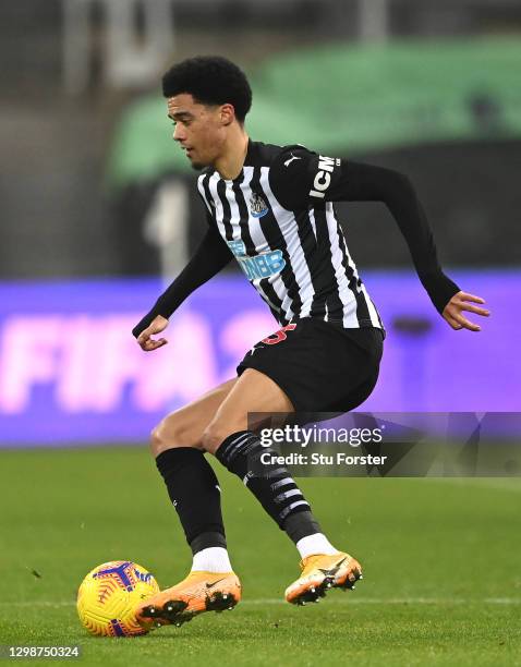 Newcastle player Jamal Lewis in action during the Premier League match between Newcastle United and Leeds United at St. James Park on January 26,...