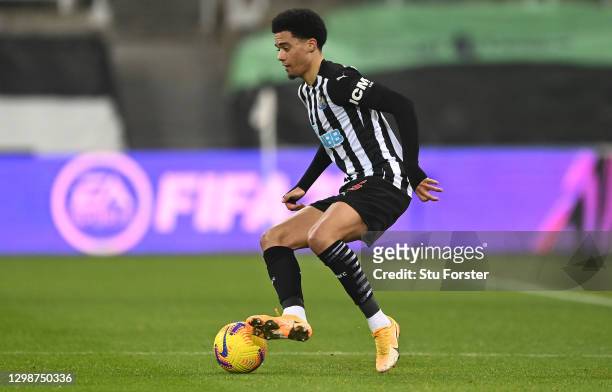 Newcastle player Jamal Lewis in action during the Premier League match between Newcastle United and Leeds United at St. James Park on January 26,...