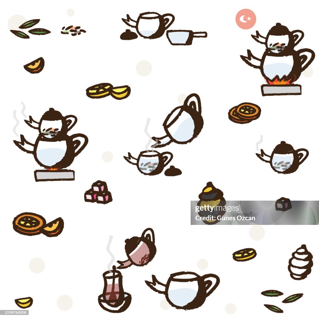 Traditional Turkish Tea Brewing Doodle Seamless Pattern - Authentic Tea Brewing Icons - Tea Ritual Steps
