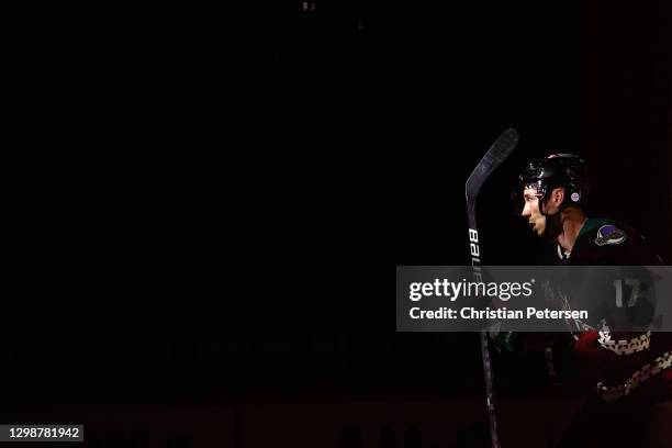 Tyler Pitlick of the Arizona Coyotes skates onto the ice before the NHL game against the Anaheim Ducks at Gila River Arena on January 26, 2021 in...